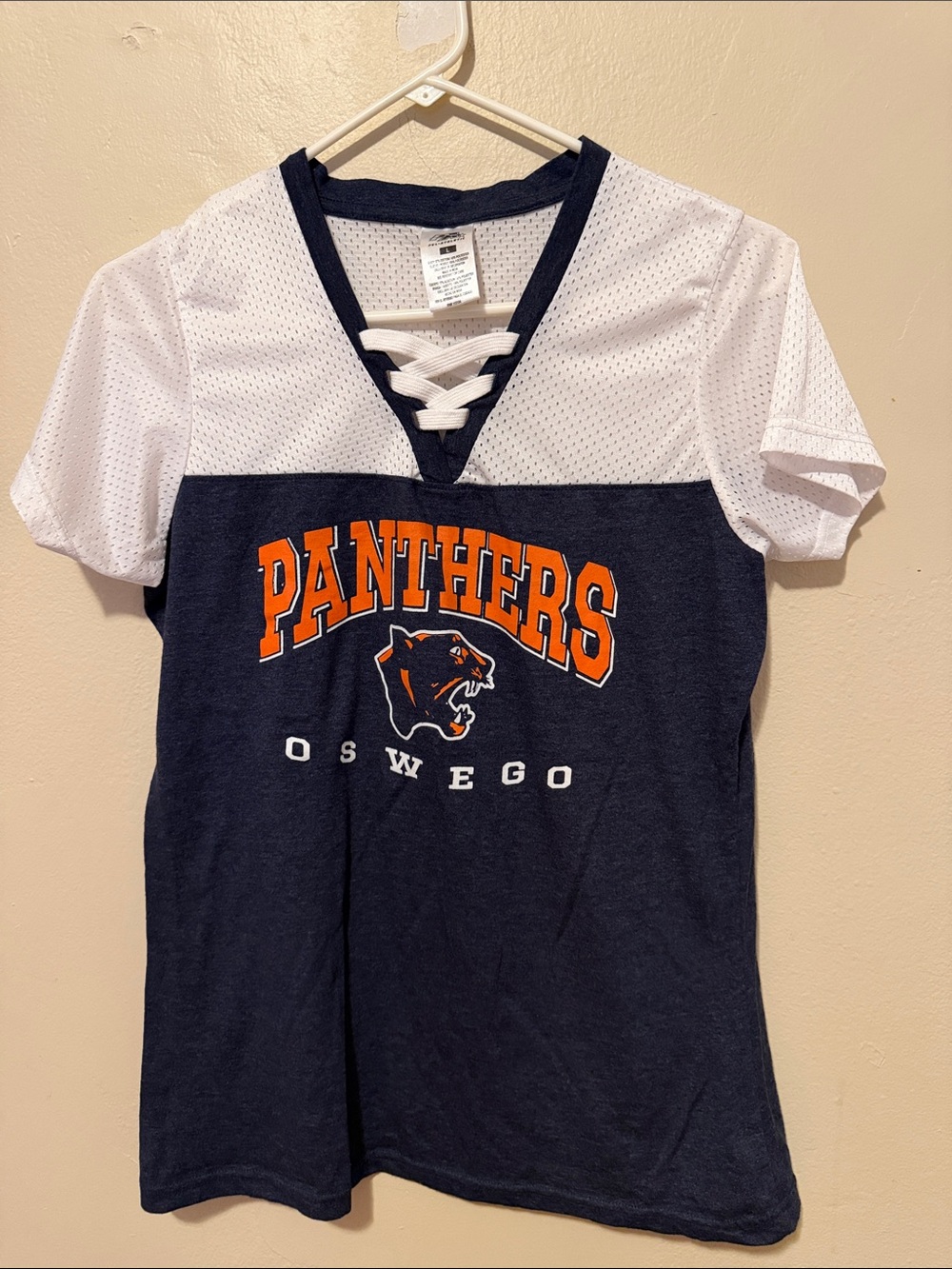 Oswego Panthers Lace-Up V-Neck Tee - Navy & White
